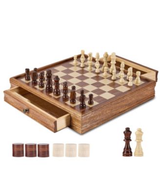 Solid Wood 15-Inch 2-in-1 Chess and Checkers Set with Storage Drawer, Weighted Pieces and Extra Queens for Adults and Kids