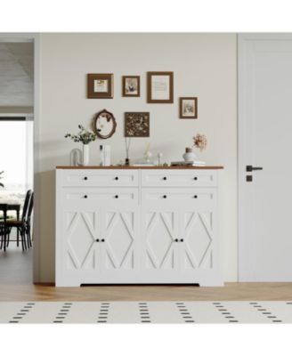 Modern Farmhouse Buffet Cabinet with Storage, Wood Large Sideboard Storage Cabinet with 4 Doors & 4 Drawers Coffee Bar.