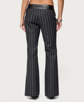 Women's Pinstripe & Faux Leather Low Rise Flared Jeans