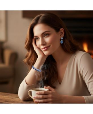 Art Deco Crown Halo Oval Blue Cubic Zirconia CZ Tennis Bracelet & Drop Earrings Jewelry Set Silver Plated