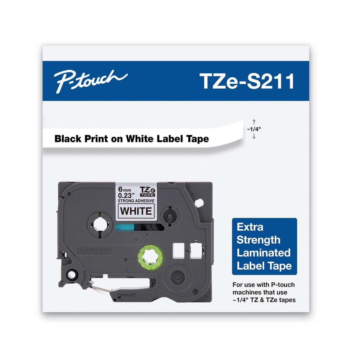 Brother P-Touch TZES211 0.23 in. x 26.2 ft. Extra-Strength Adhesive Laminated Labeling Tape - Black on White