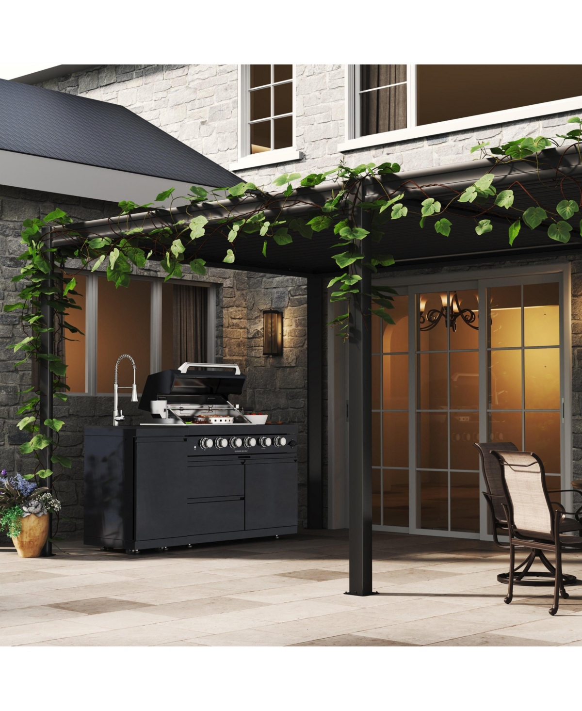 Mondawe 46" 4-Burner Gas Grill Outdoor Kitchen with Round Side Burner, Rotisserie & Granite