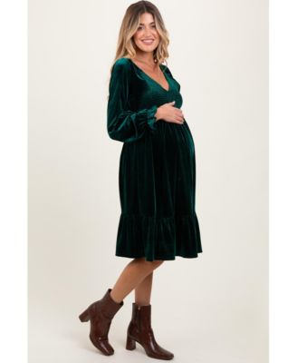 Maternity Forest Green Velvet Smocked Long Sleeve Dress