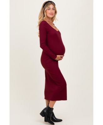 Maternity Burgundy Scoop Neck Long Sleeve Midi Dress
