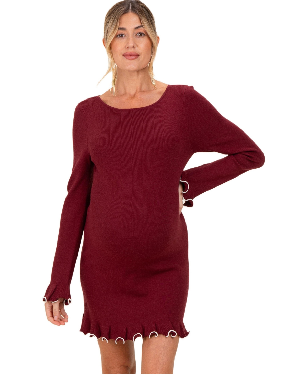 Pinkblush Women's Burgundy Long Sleeve Lettuce Trim Mini Dress