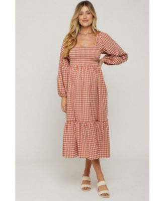 Maternity Rust Gingham Long Sleeve Midi Dress