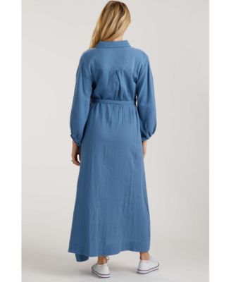 Maternity Blue Gauze Belted Shirt Midi Dress