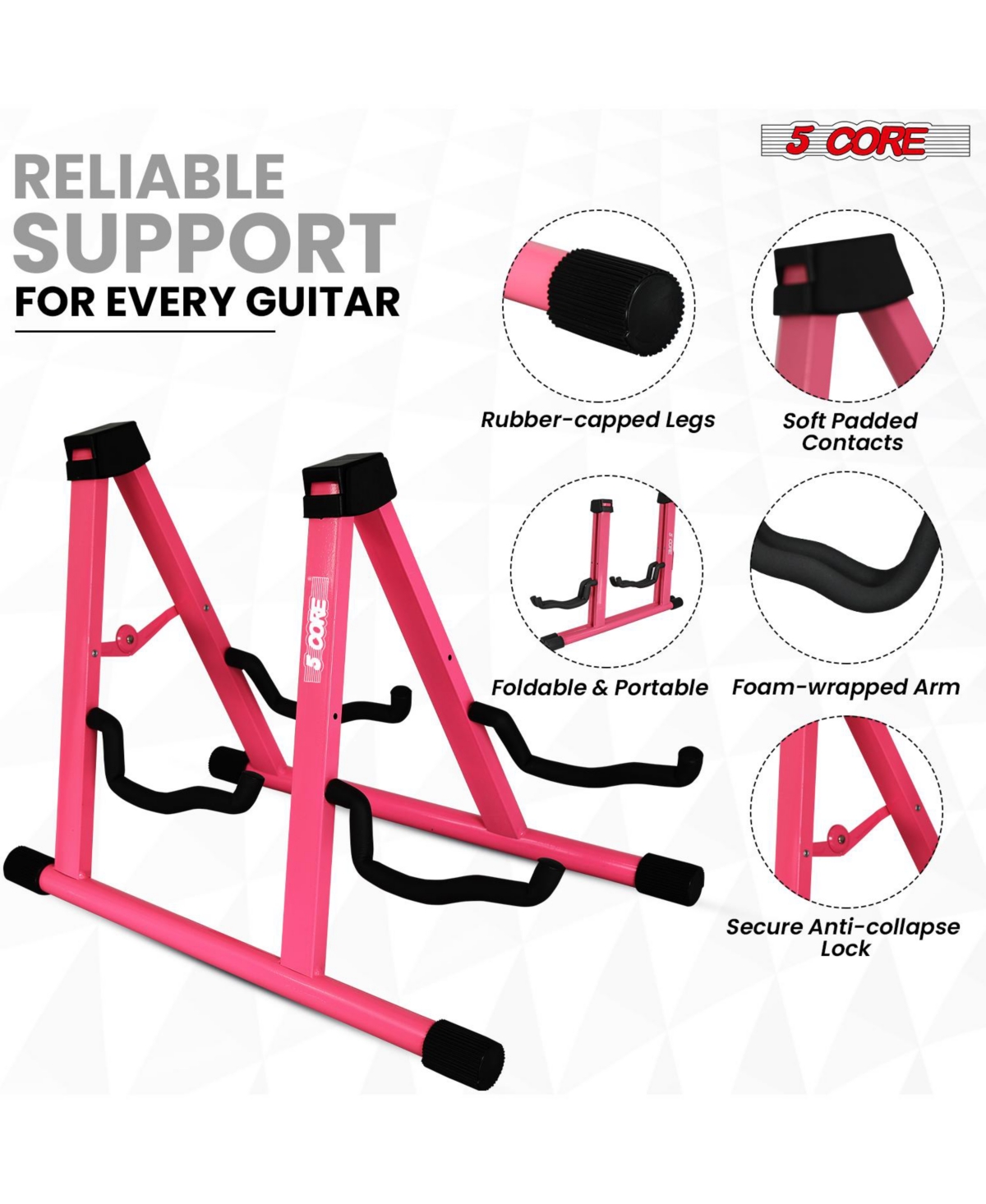 5 Core Double Guitar Stand Floor Adjustable A Frame Folding Acoustic Electric Guitars Holder Stands Gss 2N1 Pnk