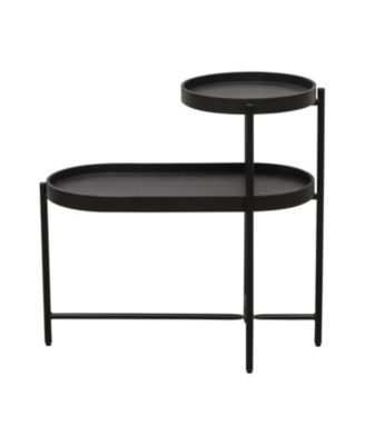 Black 2-Tier Side Table with Metal Frame and Wooden Storage