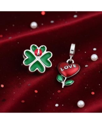 Set of 2 Love Grows Red Flower Heart Dangle & 3D Red Lady Bug Green Heart Clover Charm Bead Enamel Sterling Silver