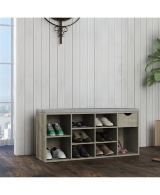 Storage Bench with Cushion, Drawer, and 3-Tier Shoe Shelf