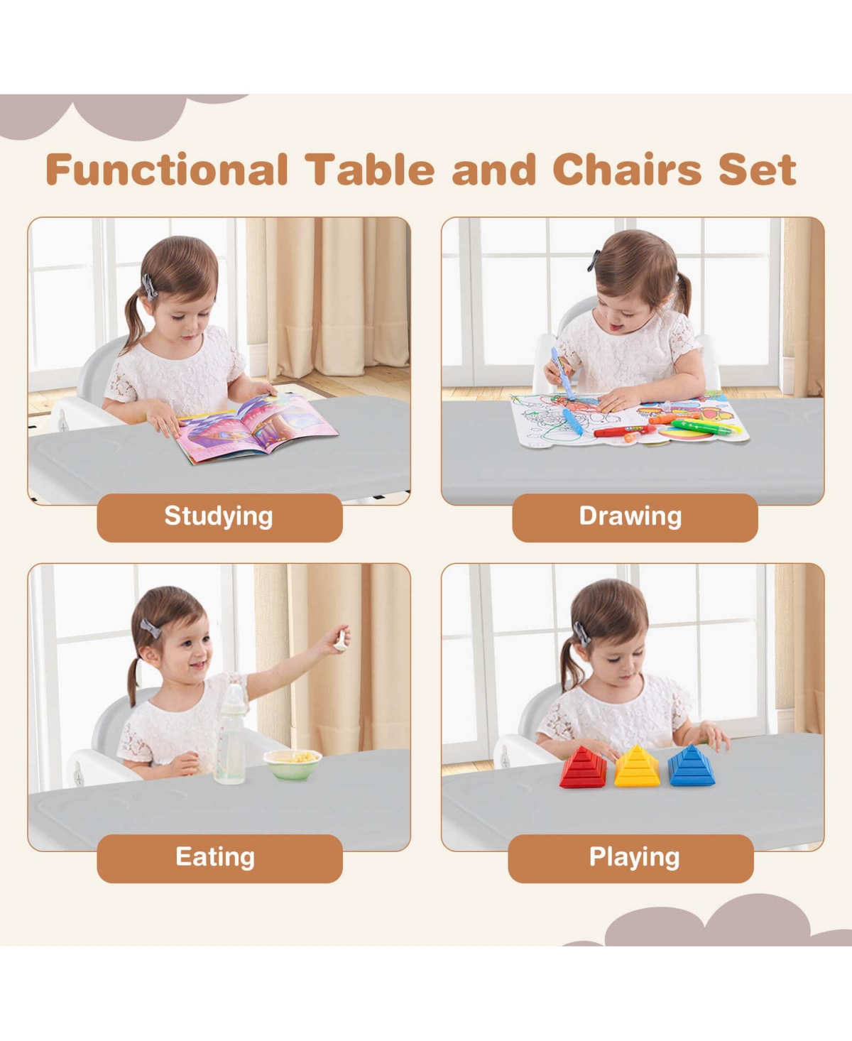 Costway 3-Piece Kids Table and Chair Set Toddler Activity Study Desk with Building Blocks