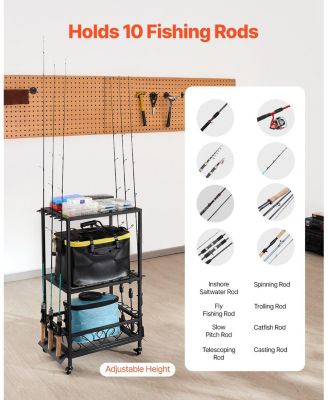 Fishing Rod Holder, 10-Rod Mobile Pole Rack Cart with Wheels for Garage or Home Fishing Gear Storage