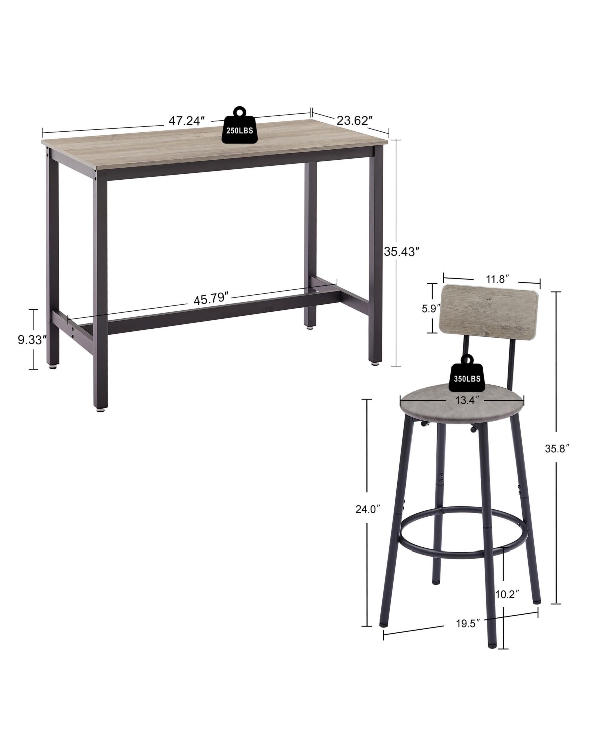 sumyeg Bar Table Set with 4 Cushioned Backrest Stools, 47.24'' L x 23.62'' W x 35.43'' H