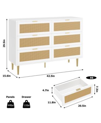 Natural Rattan 6-Drawer Dresser with Gold Legs & Handles, Wide Storage Chest, Anti-Tip Design for Bedroom or Living Room.