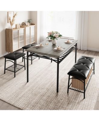 Dining Table Set for 4 with Benche/Stools Kitchen Table Set with Storage Shelves Dining Table Set