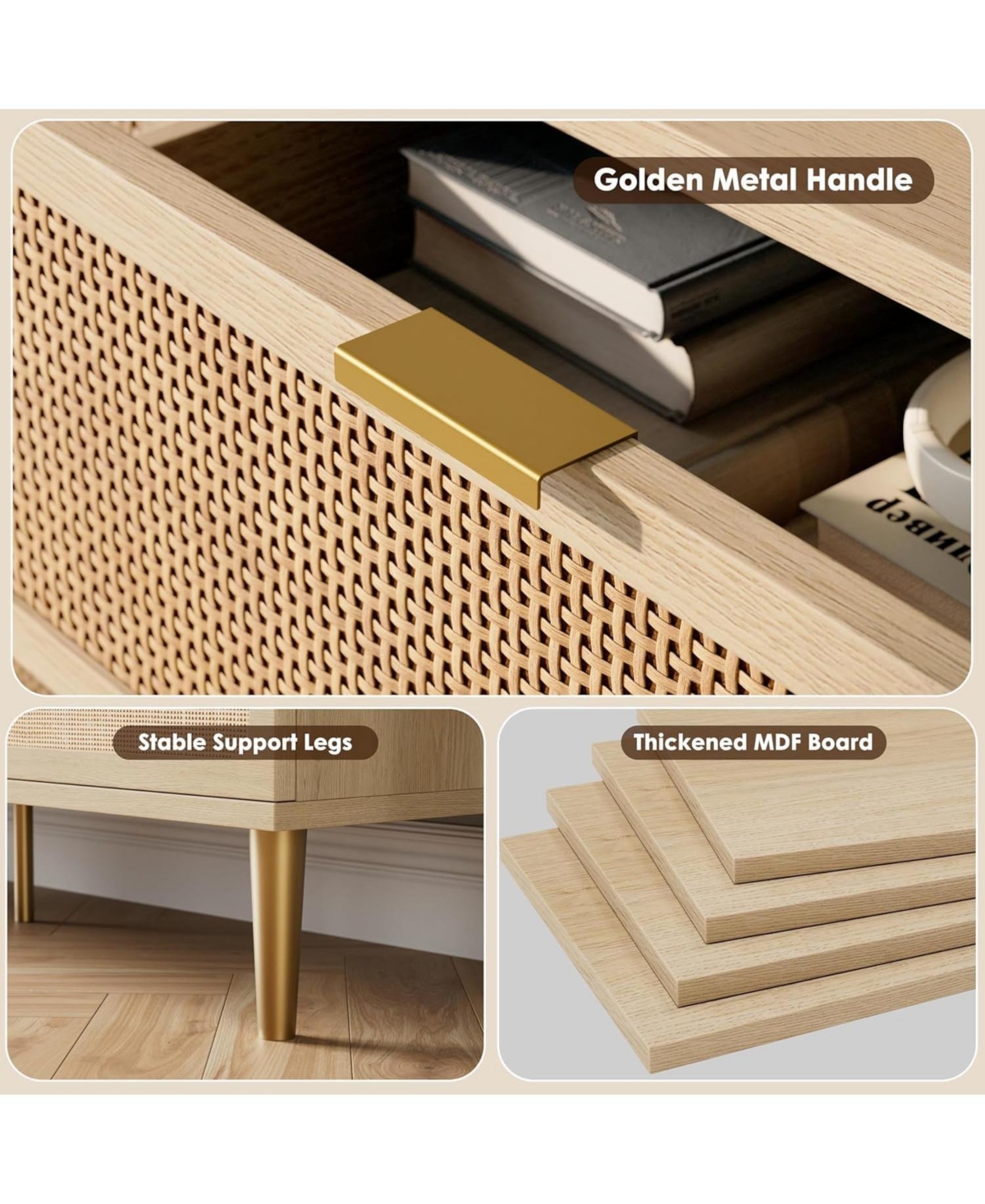 Gaomon Rattan 5-Drawer Bedroom Dresser, Horizontal