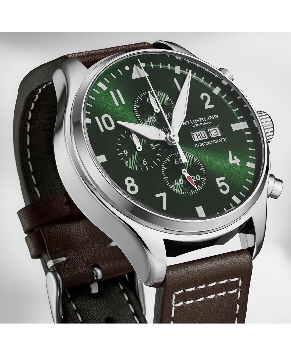 Stuhrling Navigator 4075 Men s 43mm Green Sunray Dial Brown Leather Strap Chronograph Quartz Watch