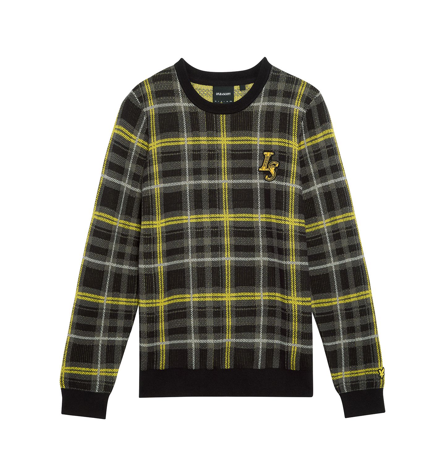 Мужской джемпер Lyle & Scott в рубчик с жаккардом в шотландскую клетку, круглый вырез, цвет: Угольно-чёрный — фото 5