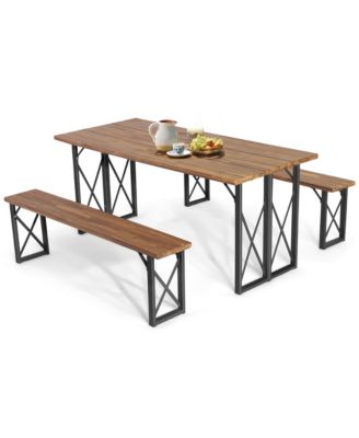 3 PCS Outdoor Acacia Wood Patio Dining Table Bench Set with 2'' Umbrella Hole