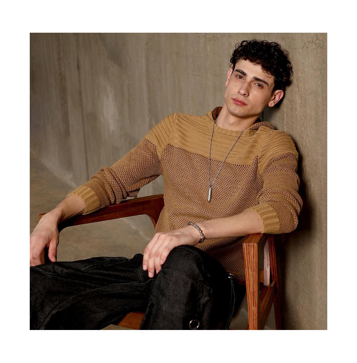 Campus Sutra Men's Hive-Jacquard Knit Hooded Sweater