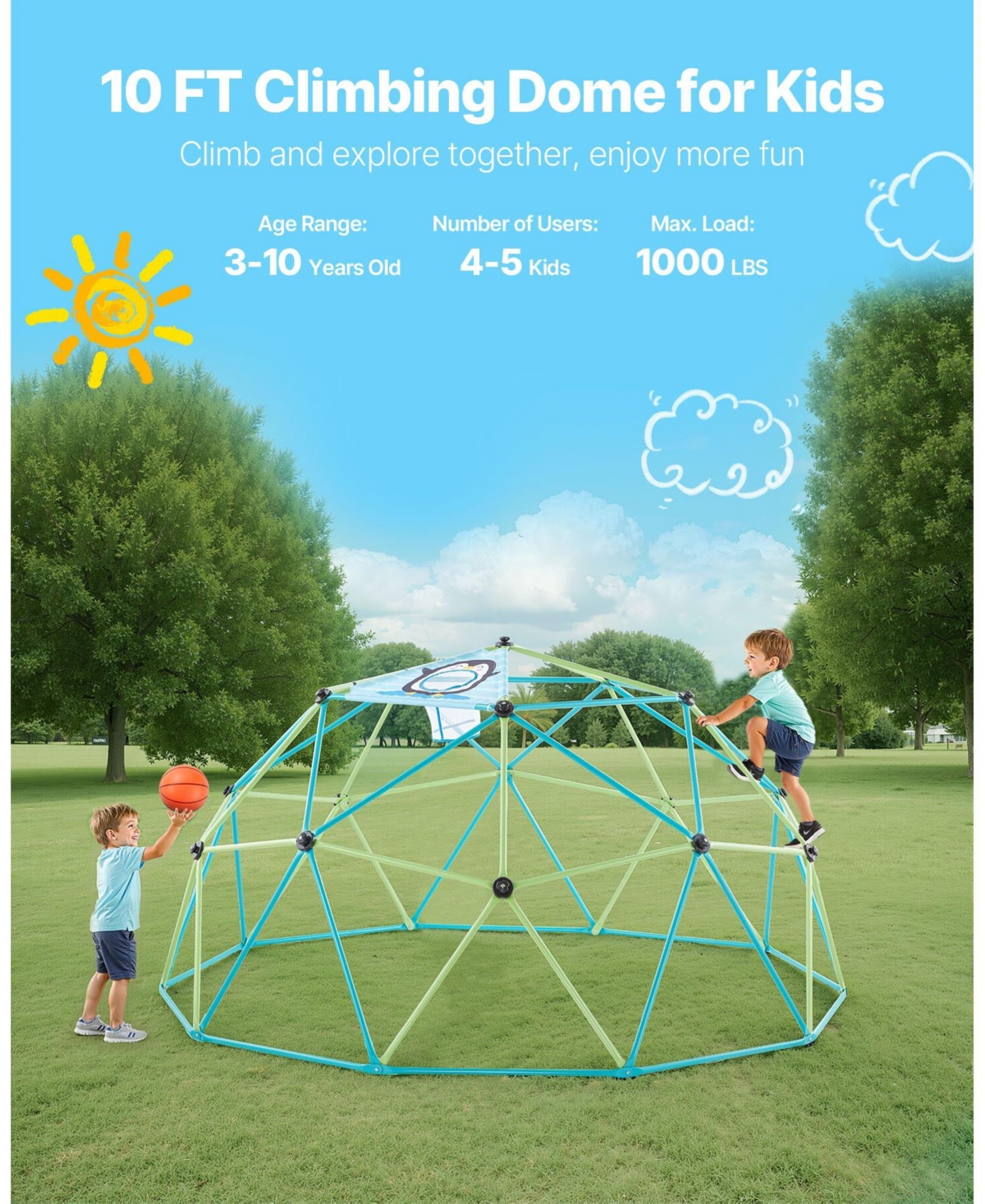 Mecale Climbing Dome, 10 ft Geometric Dome Climber with Octopus Net and 2 Basketballs, 1000 lb Capacity
