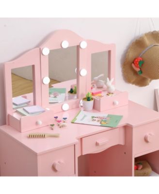 2-in-1 Wooden Kids Vanity Set,Tri-Fold Mirror, Stool & Drawer