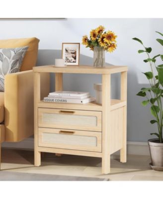 Nightstands Set of 2,Rattan Nightstand with Drawers, Farmhouse Bedside Table with Open Wood Shelf,Narrow Side Table, Natural Oak