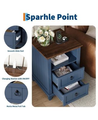 18" Wood Nightstand with USB Charging Station, Modern Fluted Night Stand, Two Drawer Filing Cabinet with Shelf, Bedside End Table, Blue 1pcs