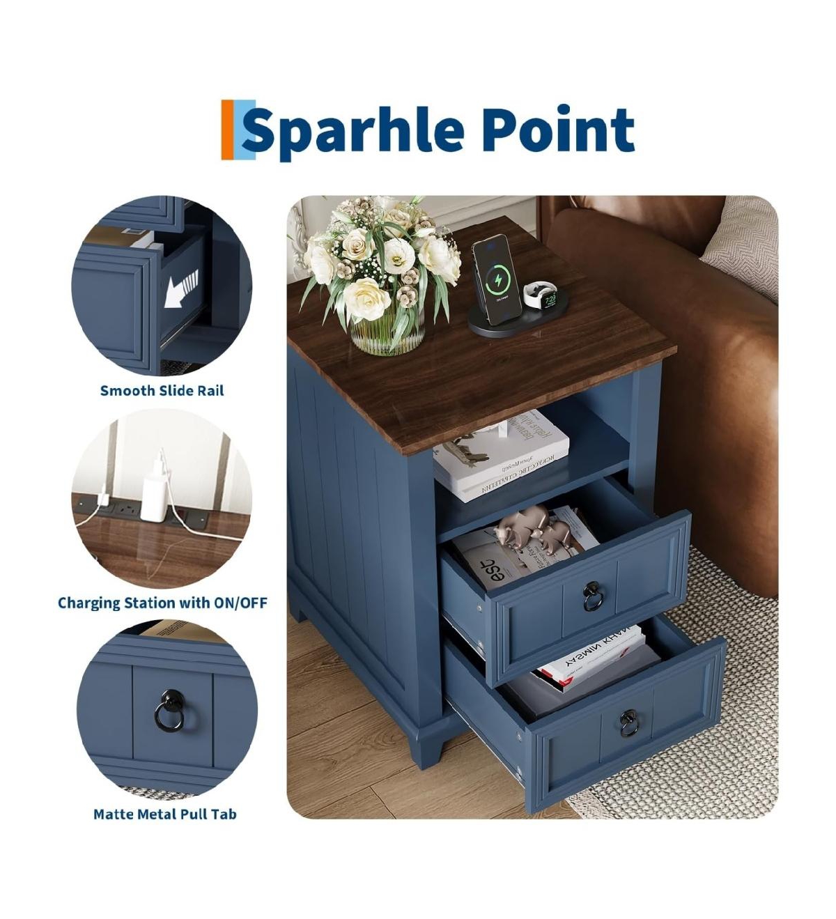 gaomon 18" Wood Nightstand with Usb Charging Station, Modern Fluted Night Stand, Two Drawer Filing Cabinet with Shelf, Bedside End Table, Blue 1p