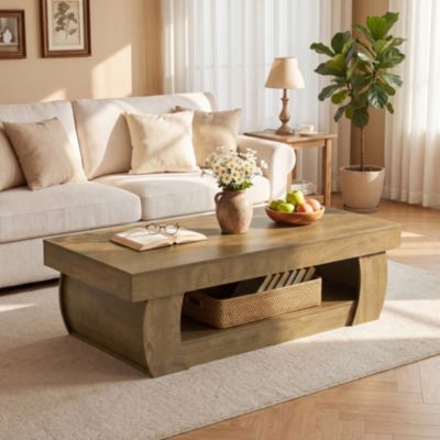 55-Inch Modern Coffee Table with Open Storage Shelf, Rectangular Center Table