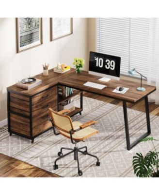 53" W × 19.7" Wood L-Shaped Desk with 3 Drawers, Reversible Corner Home Office Computer Desk with Shelves
