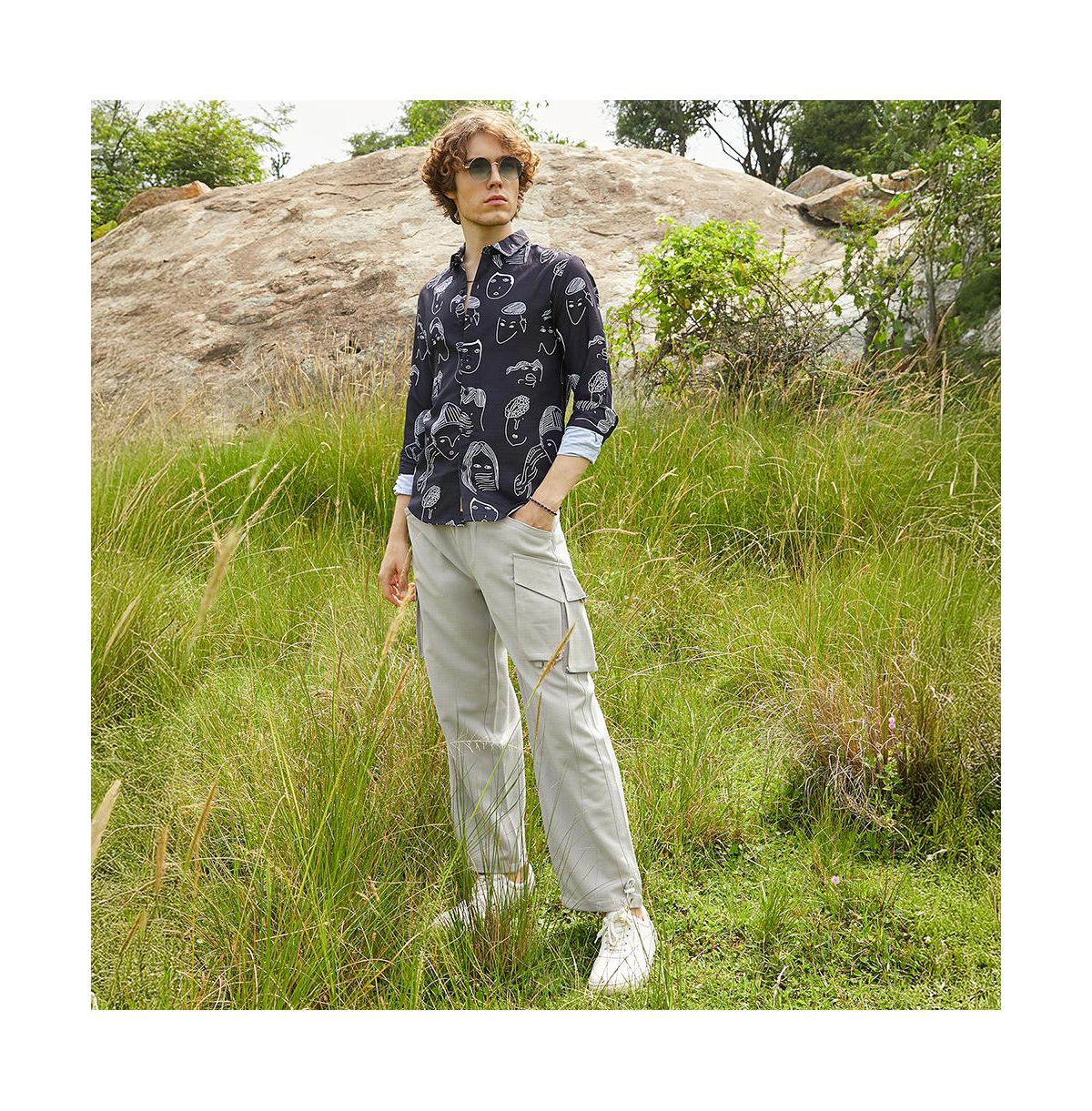 Campus Sutra Men's Midnight Black Doodle Face Shirt