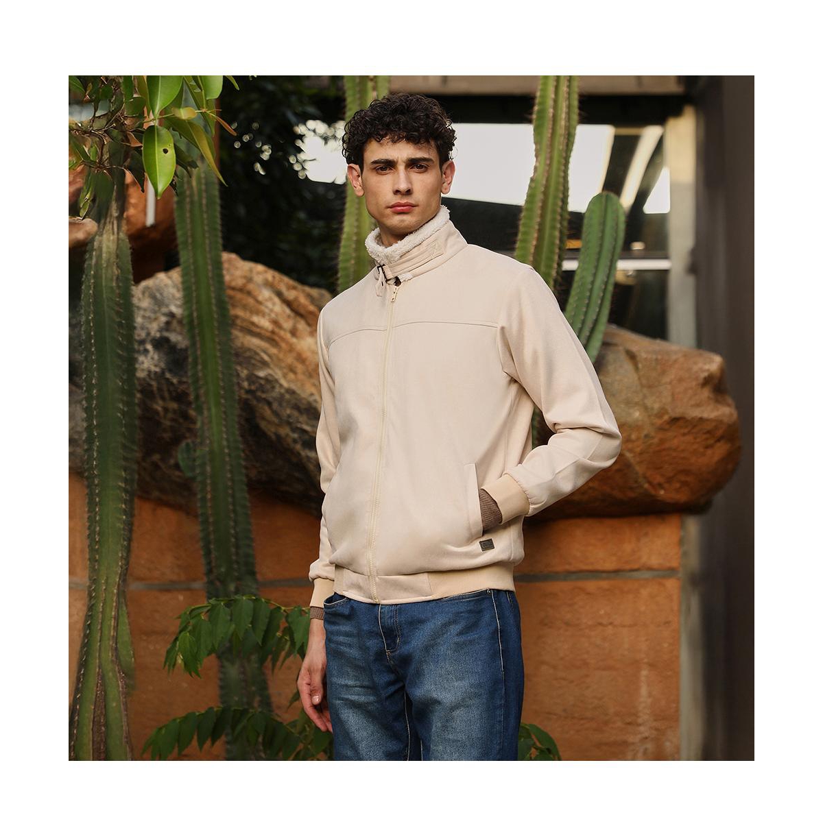 Campus Sutra Men's Cream White Contrast Sherpa-Lined Suede Bomber Jacket