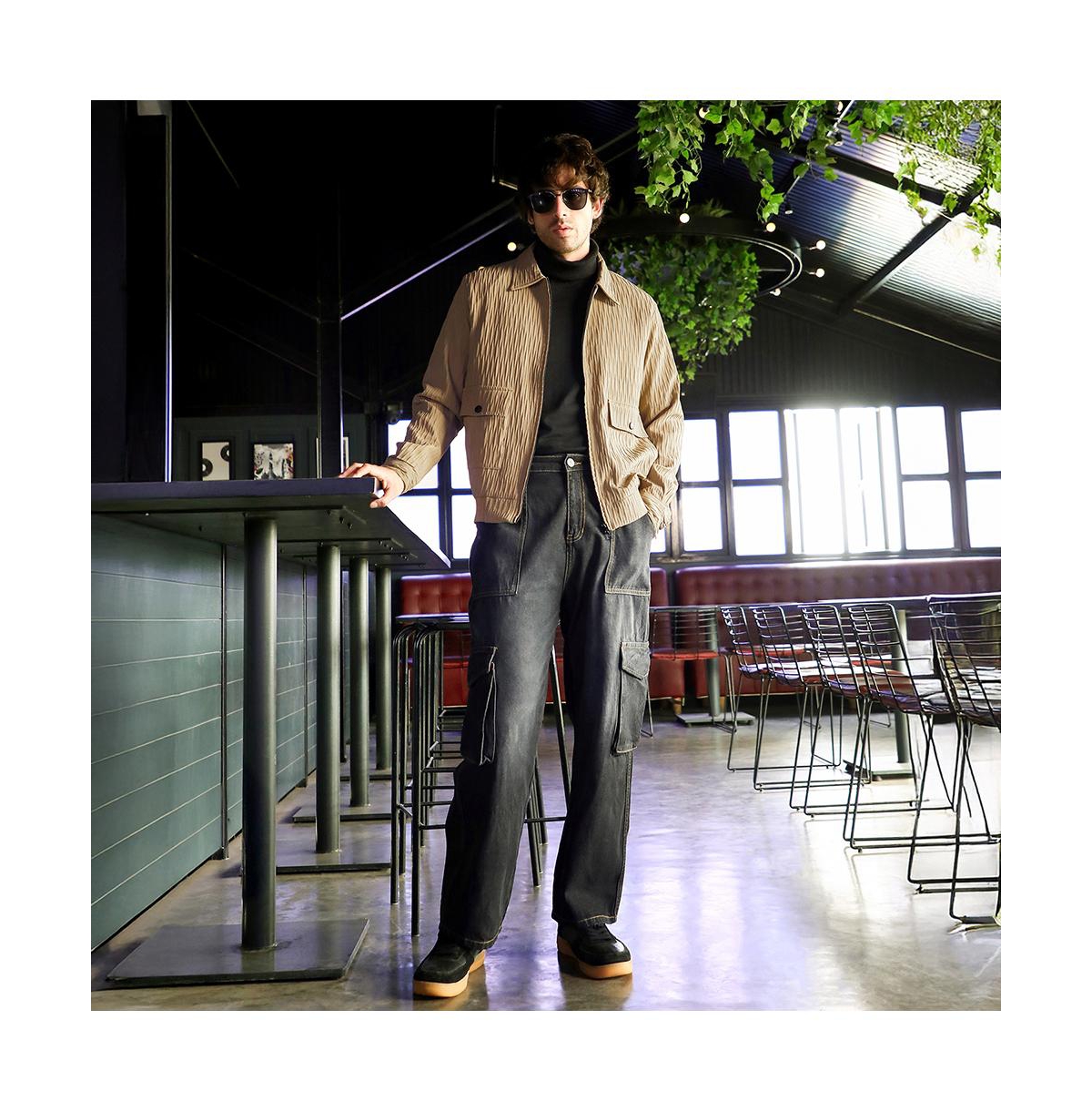 Campus Sutra Men's Mousse Brown Zip-Front Crease-Tactile Jacket