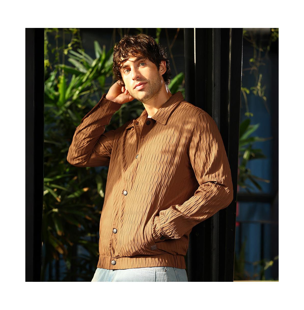 Campus Sutra Men's Teddy Brown Crease-Tactile Bomber Jacket