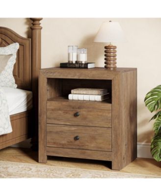 Farmhouse Nightstand with 2 Storage Drawers, Rustic Nightstand Table with Open Shelf, End Side Table, Rustic