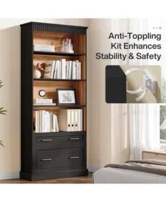 72" White 5-Shelf Bookcase with Drawers – Modern freestanding wood bookshelf for display and storage