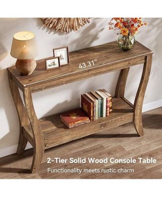 Wood Console Table with Storage, 43.3-Inch Farmhouse Entryway Table with Shelf, 2-Tier Wooden Sofa Table