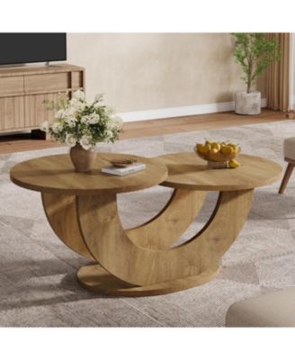 Round Coffee Table, 2-Tier Farmhouse Coffee Table with U-Shaped Frame