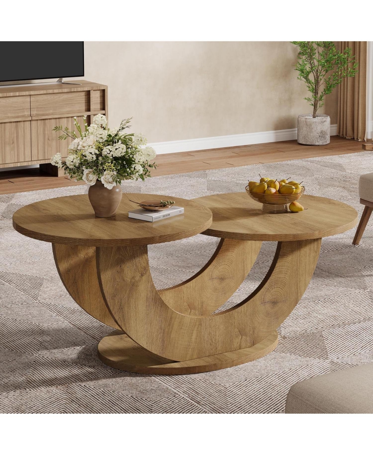 Tribesigns Round Coffee Table, 2-Tier Farmhouse Coffee Table with U-Shaped Frame
