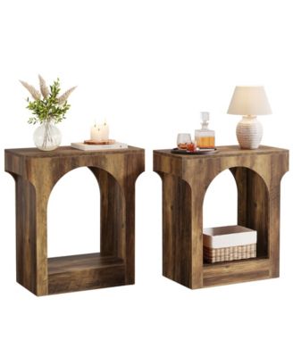 Wood End Table Set of 2, Side Table with Storage Space, Narrow Nightstand, Rustic Brown