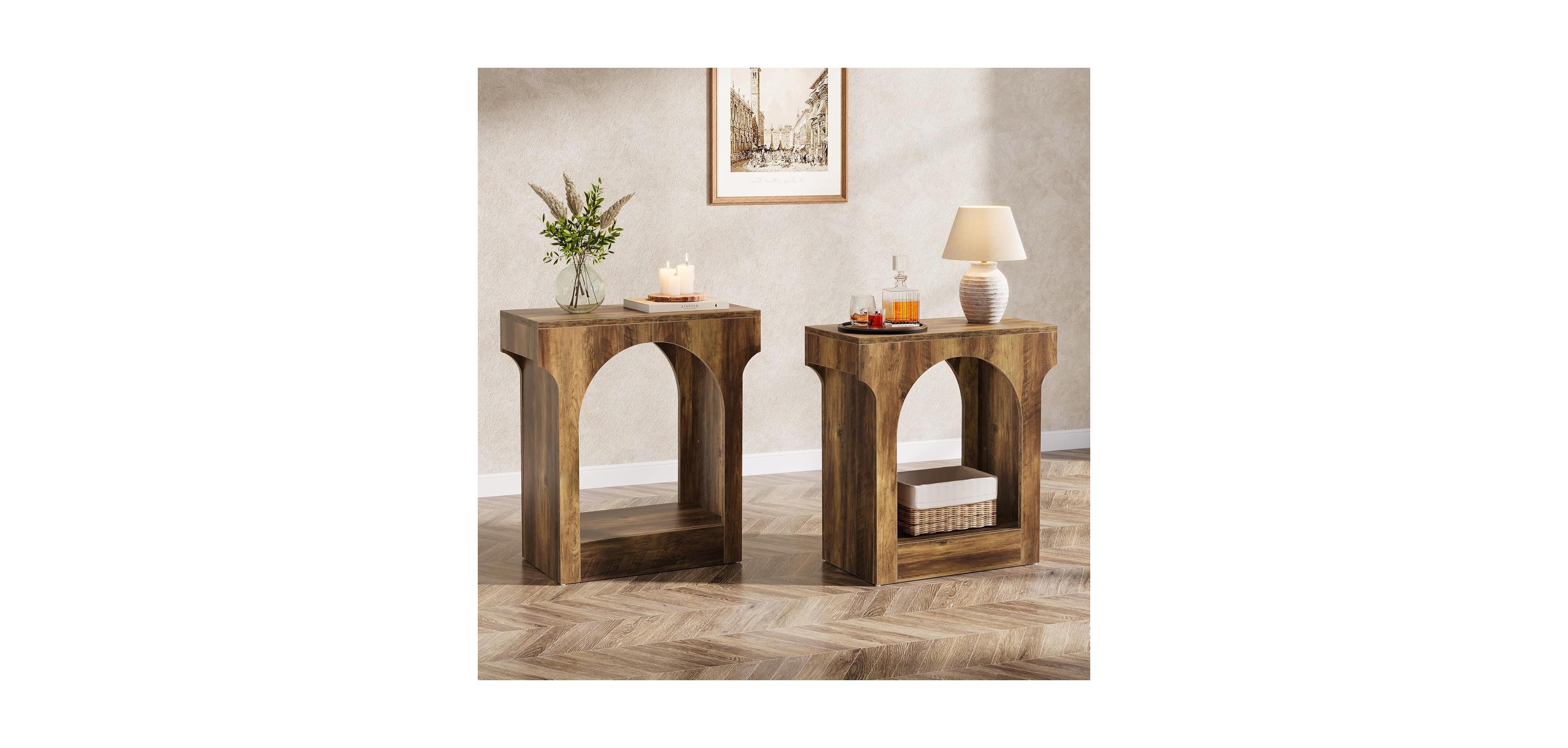 Tribesigns Wood End Table Set of 2, Side Table with Storage Space, Narrow Nightstand, Rustic Brown