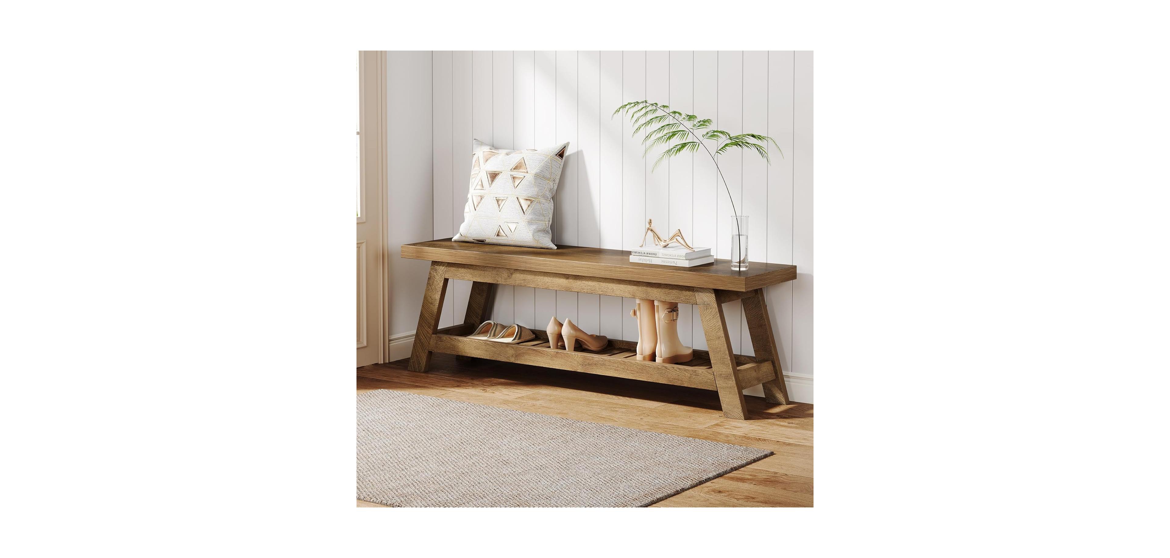 Tribesigns 55" Wood Entryway Bench with Shoe Storage, Large 2-Tier Narrow Hallway Foyer Seating