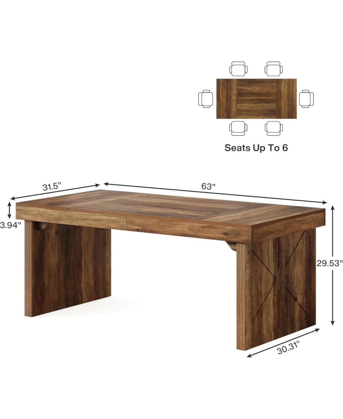 Tribesigns 63" Rustic Wooden Dining Table for 6, Rectangular Kitchen Table with Sturdy Pedestal Base