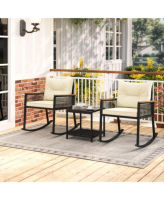 3 PCS Outdoor Rocking Bistro Set with 2-Tier Coffee Table, Acacia Wood Armrests