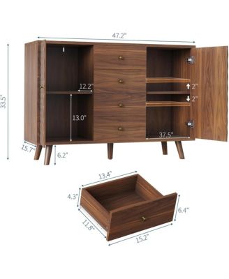 Sideboard Cabinet with 4 Drawers, Buffet Cabinet with Storage,Mid Century Modern Sideboards with 2 Door, Kitchen, Dining, Living Room, Brown