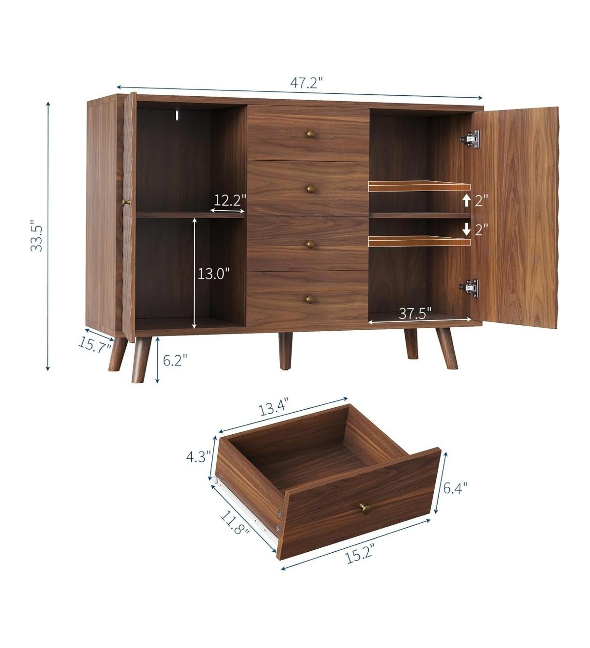 Gaomon Sideboard Cabinet with 4 Drawers, Buffet Cabinet with Storage,Mid Century Modern Sideboards with 2 Door, Kitchen, Dining, Living Room, Brown