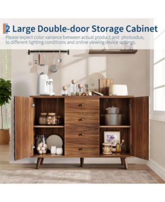 Sideboard Cabinet with 4 Drawers, Buffet Cabinet with Storage,Mid Century Modern Sideboards with 2 Door, Kitchen, Dining, Living Room, Brown