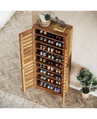70.8" Rustic Brown Wood Shoe Cabinet with Shutter Doors & Adjustable Shelves